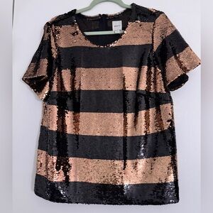 Anthropologie Black and Gold Sequin Striped Tee L